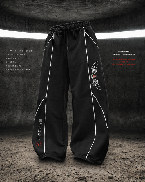 Berserk Baggy Joggers – Premium Oversized Streetwear Sweatpants | Embroidered Anime Pants