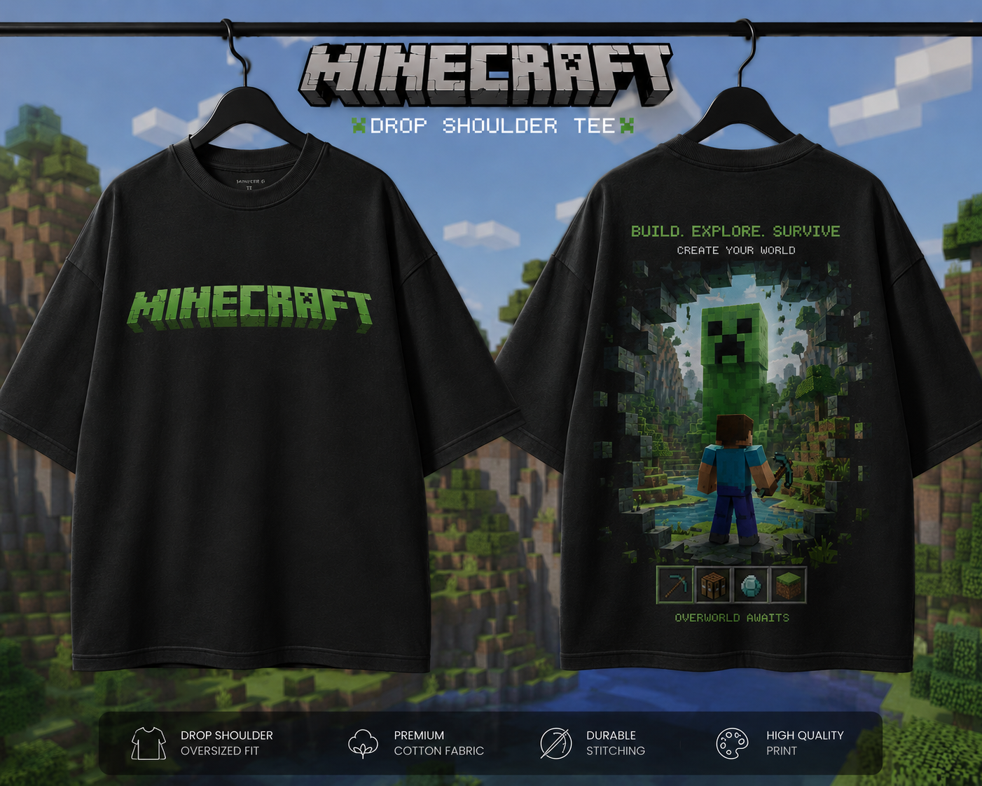 Minecraft Inspired Oversized Drop Shoulder T-Shirt | Premium Gaming Streetwear