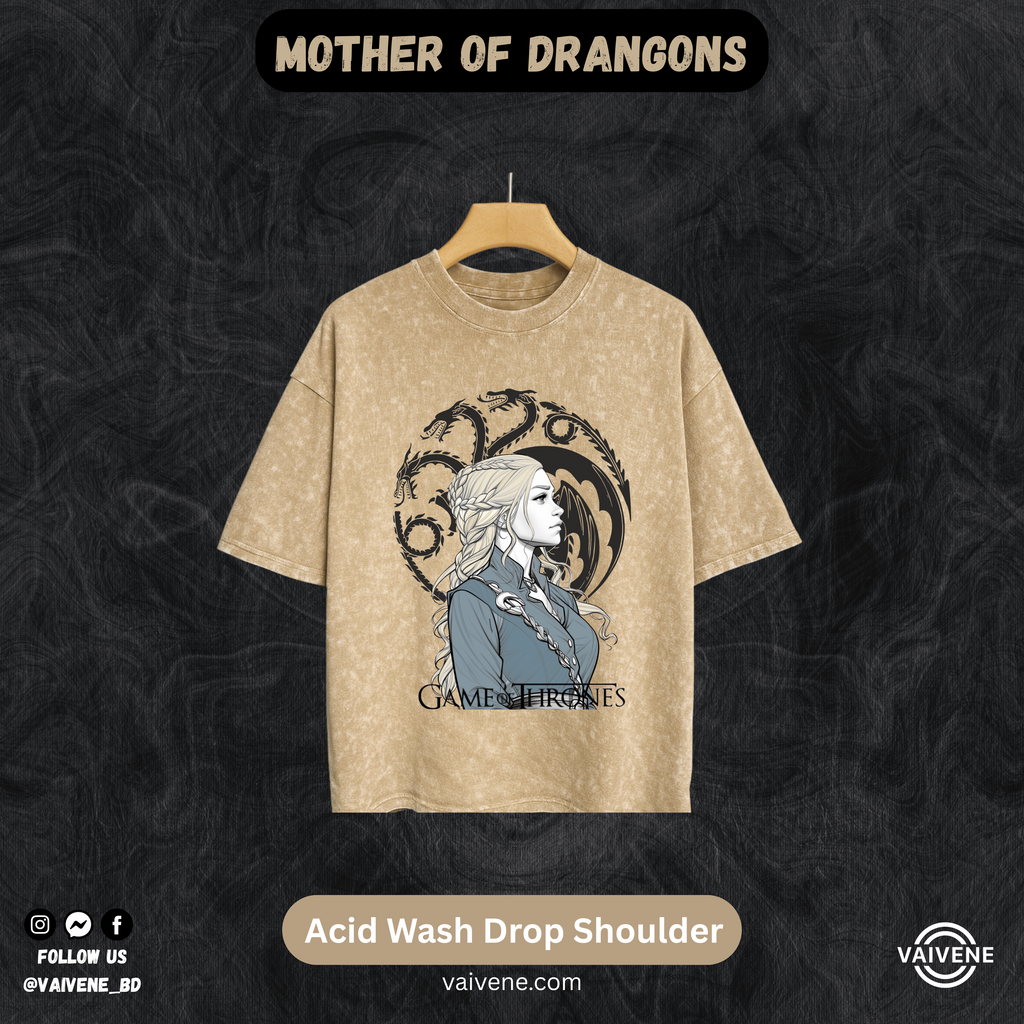 The Mother of Dragons | Beige Acid Wash Drop Shoulder Tee
