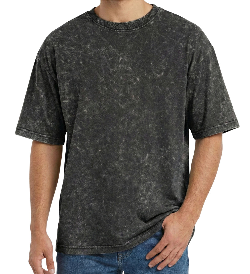Men’s Solid Oversized Acid Wash Drop Shoulder Tee - 250 GSM - Black