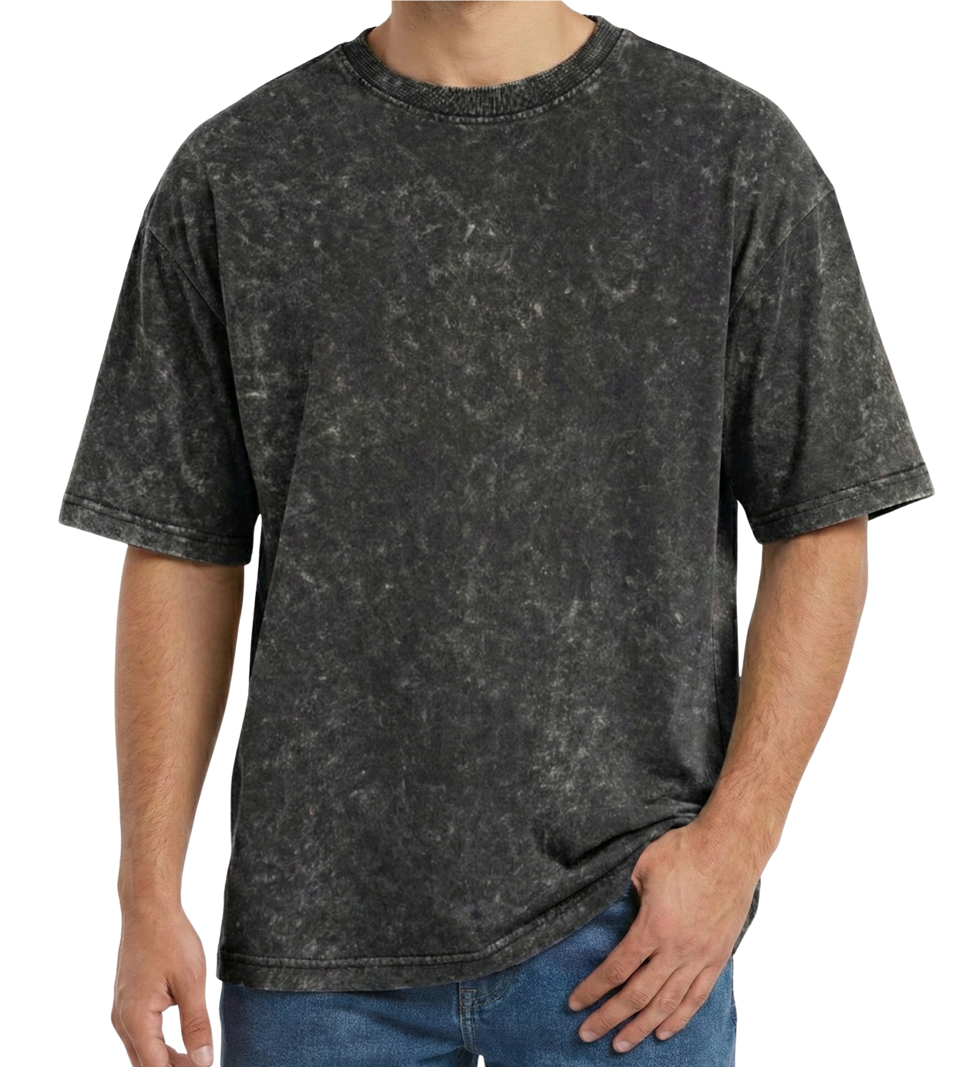 Men’s Solid Oversized Acid Wash Drop Shoulder Tee - 250 GSM - Black